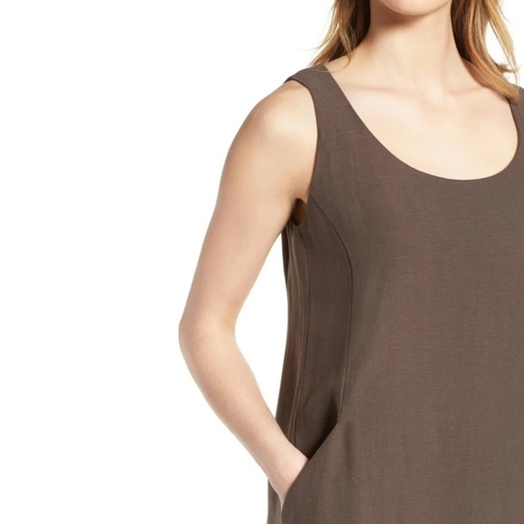 Eileen Fisher Sleeveless Drapey Linen Blend Shift Dress Cobblestone Brown - Picture 3 of 9